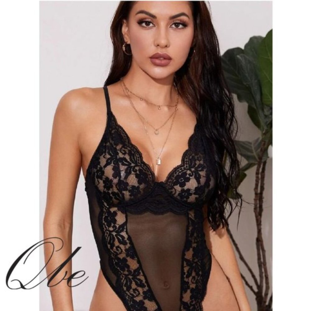 QBE Floral Lace Mesh Teddy Bodysuit